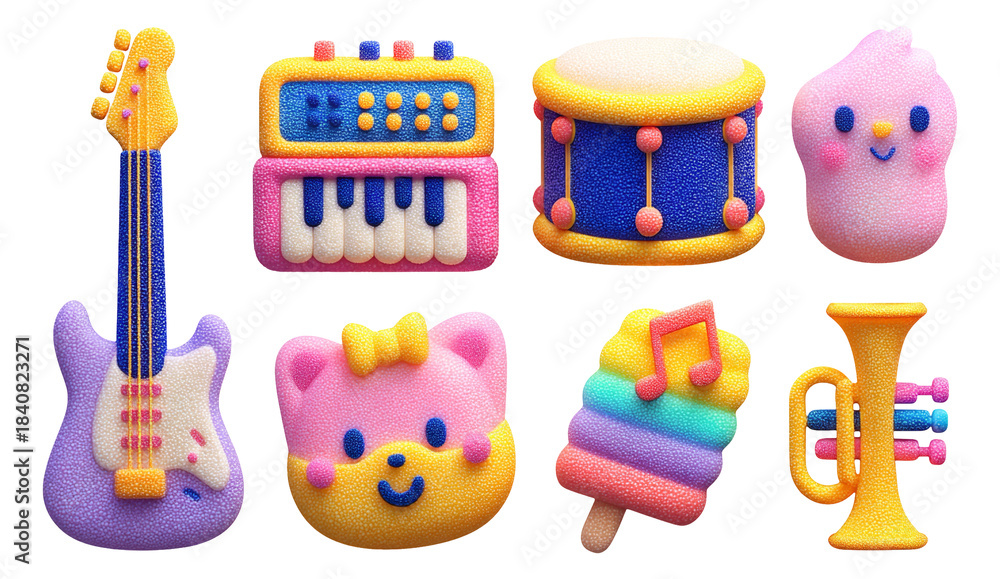 Fototapeta premium Cute 3D Musical Instruments Soft Foam Art Illustration on Transparent Background
