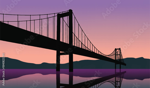A mesmerizing silhouette of a grand suspension bridge perfectly reflected on still water at a vibrant sunset