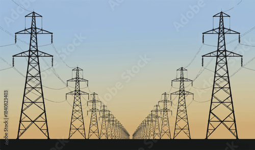 Long row of towering electricity pylons stretching into the distance, symbolizing power transmission and modern energy infrastructure under a vast, gradient sky