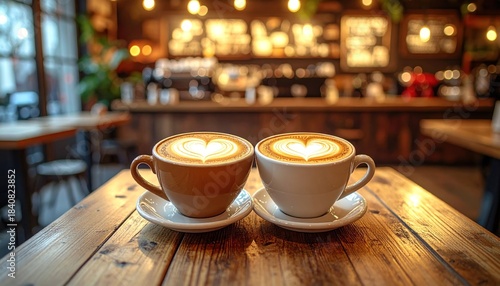 Two cups of coffee with heart designs