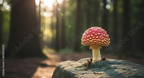 Brightly colored wild fungus stands prominently atop a mossy stone in a sunlit forest
