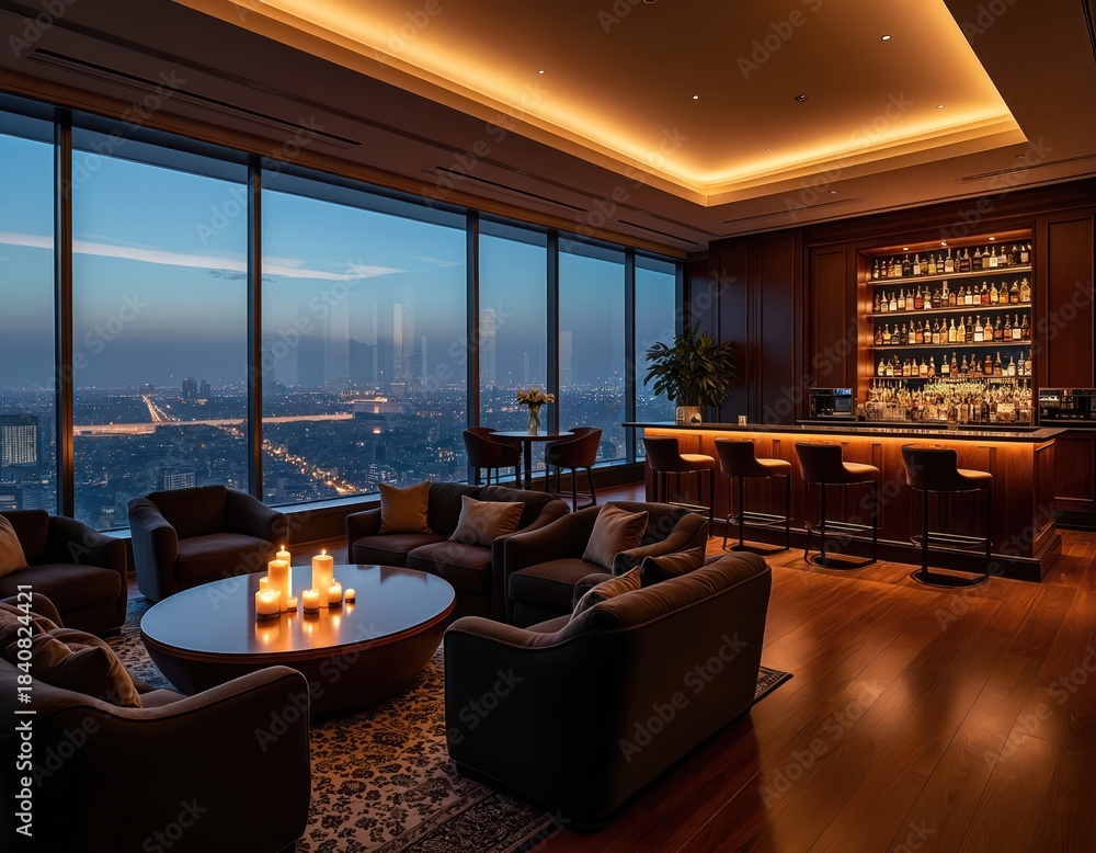 Fototapeta premium Luxurious lounge bar offers stunning city skyline view at night. Plush sofas, ambient lighting, and extensive liquor bottles create a sophisticated atmosphere for guests. Enjoy drinks and relaxation.