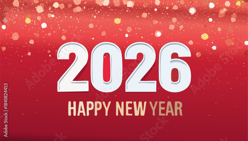 Happy New Year 2026 beautiful sparkling design of numbers on bright red background. Modern winter holiday greeting banner, poster or greeting card template. 
