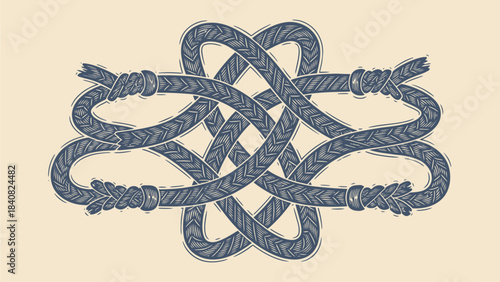Intricate symmetrical decorative knot pattern resembling a Celtic design, made from a single continuous rope with vintage engraving style.