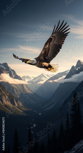 Majestic raptor soars with wings spread wide above a deep mountain valley