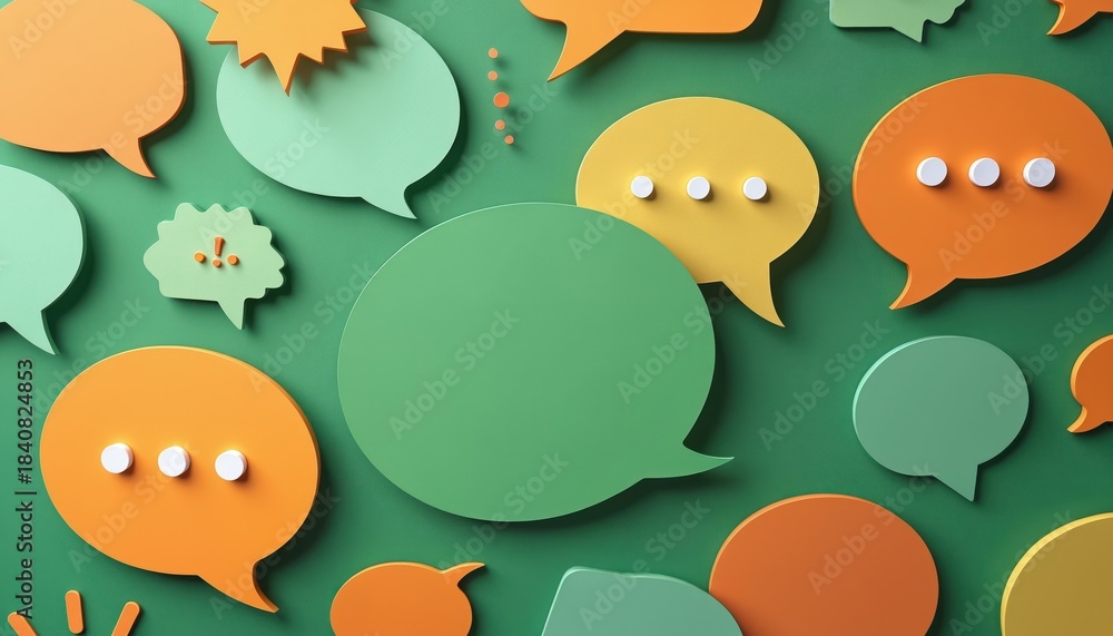 Fototapeta premium Colorful speech bubbles with dots and exclamation marks communicate ideas and messages. These shapes represent chat conversation, discussion, and social media interaction on a green backdrop.