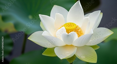 Pristine white lotus blossom displays bright yellow center against deep green foliage