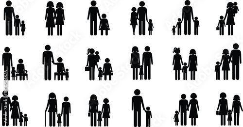 Family structure silhouette icon set, diverse combinations of adults and children, inclusive black vector, modern household representation art