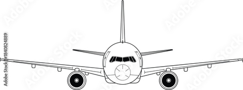 Front view of commercial passenger airplane approaching runway with detailed aircraft design, aviation concept illustration, modern jet airliner artwork