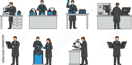 Laboratory scientist illustration set showing researchers working with microscopes, chemicals, equipment and data analysis for medical, research and biotechnology projects
