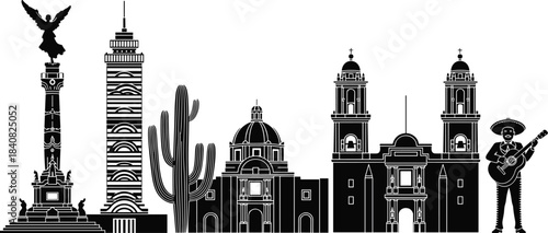 Mexican culture vector illustration, iconic architecture and symbols, sombrero musician, cactus, cathedral, Mexico City landmarks, black silhouette art