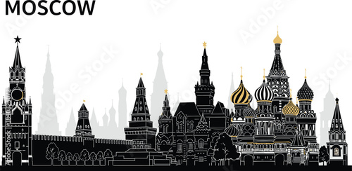 Moscow architecture vector illustration, Kremlin and Saint Basil’s Cathedral, black and gold skyline, Russian cultural landmark, iconic city silhouette art