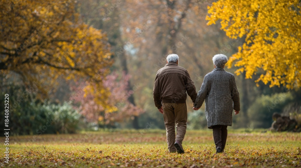 Obraz premium Elderly Couple Walking Hand in Hand in Autumn Park with Colorful Trees and Fallen Leaves