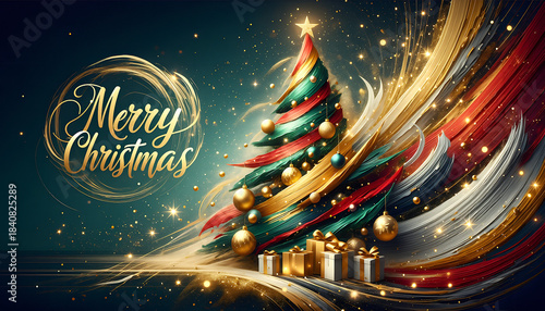 Pociągnięcia pędzla tworzące choinkę bożonarodzeniową z gwiazdą na czubku i z bombkami i prezentami pod choinką