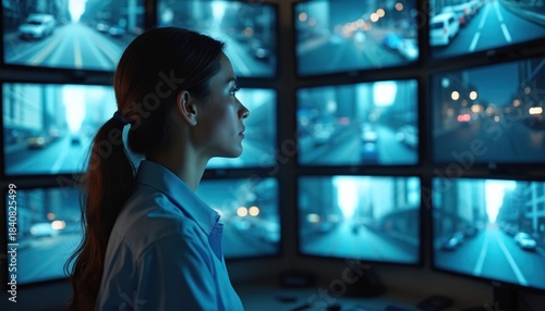 Woman watches multiple city street feeds on CCTV monitors. She works in security monitoring public spaces, ensuring safety with advanced tech. Vigilant control room operator checks data.