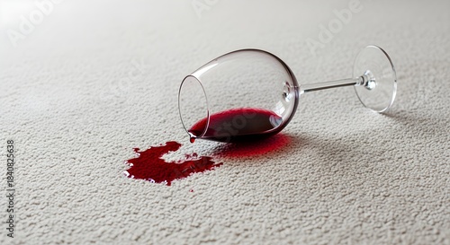 A shattered wine glass lies tilted across a light beige carpet, its deep red liquid spreading in an irregular stain as it drips onto the fibers below