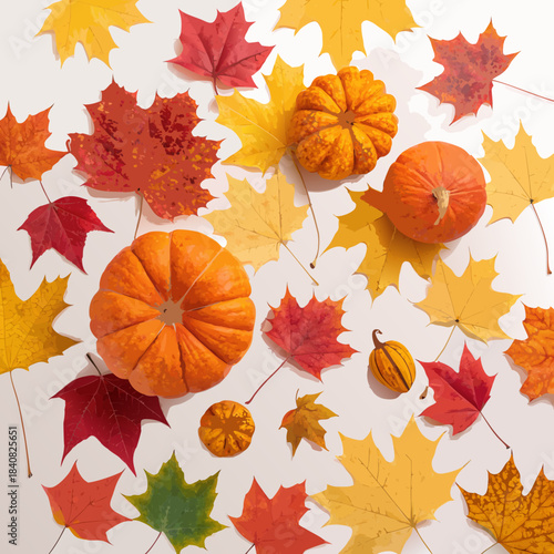 Scattered autumn leaves and pumpkins a vibrant flat lay composition for fall harvest and Thanksgiving celebrations isolated on a white background
