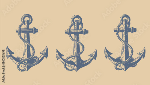 Three vintage blue-grey anchors with ropes, depicted in an old-fashioned engraving style on a light beige background.