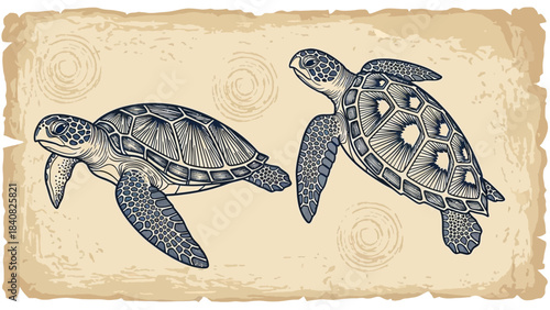 Two detailed hand-drawn sea turtles swimming on a vintage parchment background with subtle swirl patterns.