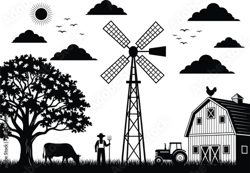 Rural farm landscape vector illustration with windmill, barn, tractor, cow, and farmer silhouette, countryside agriculture scene representing farming life, village, and nature