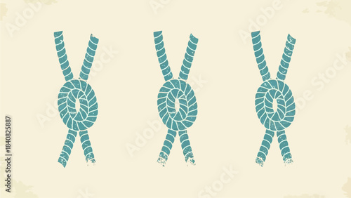 Three identical illustrations of a stylized blue-green rope knot on a textured beige background, depicting a symmetrical loop with four ends.