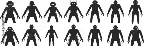 Silhouette collection of humanoid robots in various futuristic poses, artificial intelligence concept, sci fi technology design, innovation and automation vector illustration
