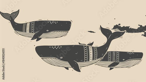 Three stylized whales with intricate decorative patterns swimming gracefully in an artistic, illustrative style.