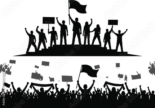 Silhouette crowd of people protesting with flags and banners, demonstration rally illustration, political protest, social movement, freedom activism, revolution and unity concept