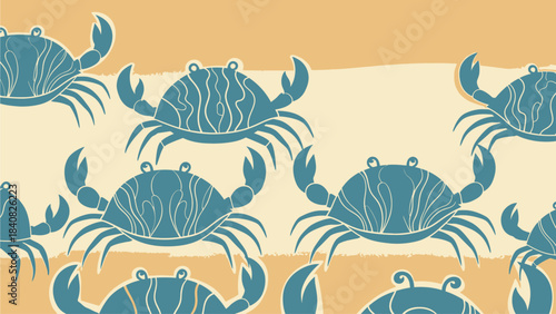 Seamless pattern of stylized blue crabs on a striped sandy background, perfect for summer designs.