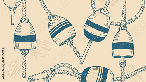 Vintage hand-drawn illustration of various nautical buoys with ropes, featuring blue and white striped designs on a light background.