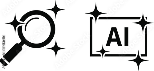Pair of clean black icons representing artificial intelligence (AI) within a sparkling frame and a magnifying glass surrounded by stars, symbolizing enhanced search,