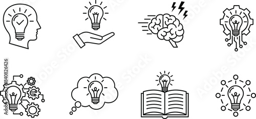 Comprehensive set of black outline icons representing creativity, brainstorming, technological innovation, and idea generation,