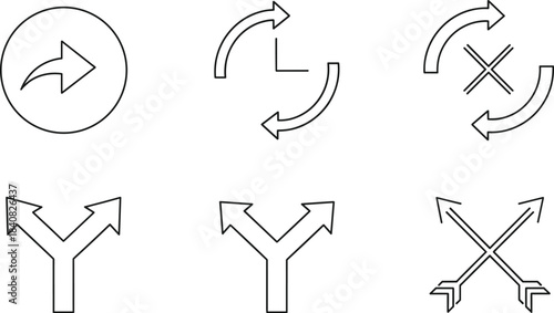 Black outline icons showcasing fundamental directional elements like a circular share arrow, rotation or cycle symbols, a three-way split or fork,