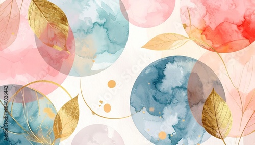 和紙水彩に金箔円が浮かぶ柔らか和風背景