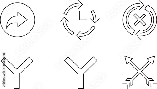 Collection of black line icons depicting various directional and symbolic arrows, including circular repeat/refresh cycles, a share arrow, a three-way fork,