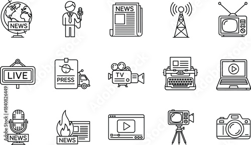 Comprehensive collection of black outline icons representing news, journalism, broadcasting, and media production,