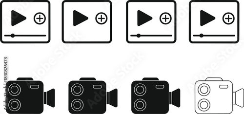 Collection of black and white icons featuring four different video player interface elements with a playlist add function and four styles of compact