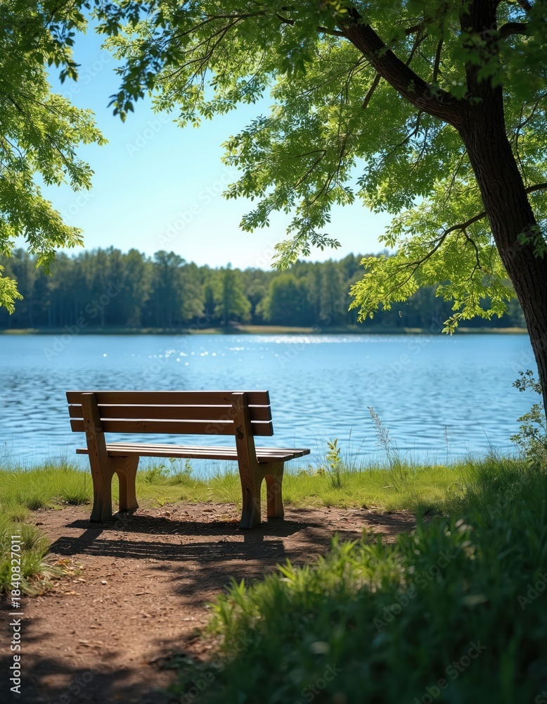 Fototapeta premium Wooden bench sits by tranquil blue lake under green trees. Sunny day invites rest near calm water and forest. Peaceful nature scene for outdoor relaxation and quiet contemplation.