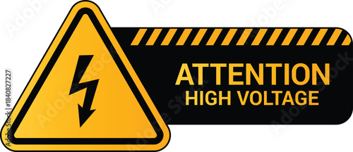Electrical danger high voltage warning hazard sign. High voltage caution sign with lightning symbol on yellow striped background