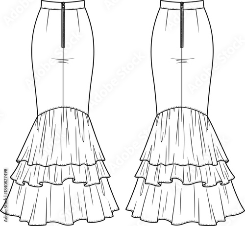 Women's Mermaid Skirt Technical Fashion Flat Sketch, High Waist, Tiered Ruffle Hem Detail, Front and Back View CAD Template Vector Illustration.