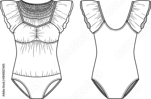 Women's ruffle-sleeve smock bodysuit fashion flat sketch template, technical drawing with gathered shirring, sweetheart neckline, and brief cut, front and back view, vector.