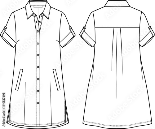 Women's Shirtdress Technical Fashion Flat Sketch, Short Sleeves Button-Down Tunic Design, Roll-Up Cuff Vector CAD Illustration Template.