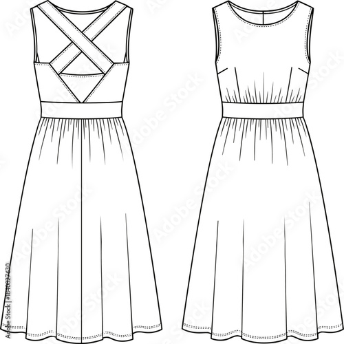 Women's Sleeveless A-Line Dress Technical Fashion Flat Sketch, Criss-Cross Back Detail, Gathered Skirt, Front and Back View CAD Template Vector.
