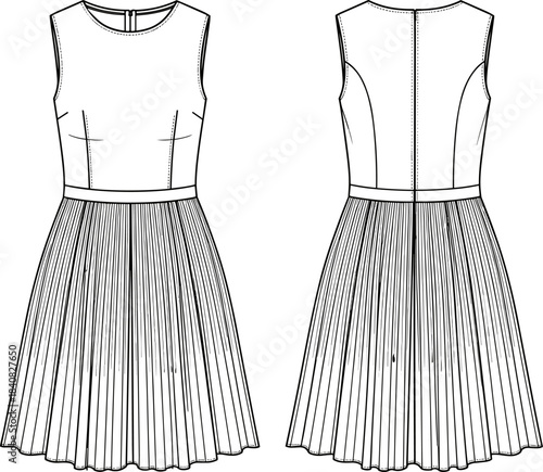 Women's Sleeveless Fit-and-Flare Dress Technical Fashion Flat Sketch, High Waist, Pleated Skirt, Front and Back View CAD Template Vector Illustration.