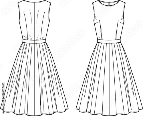 Women's sleeveless dress, technical fashion illustration, pleated skirt, vector flat sketch, front and back view, apparel design template