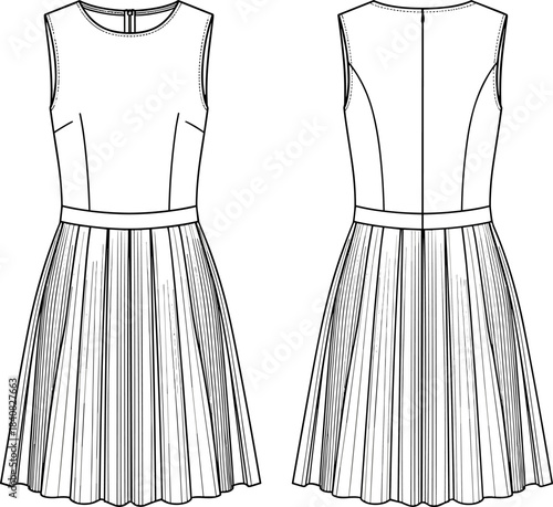 Women's sleeveless pleated dress fashion flat sketch template, technical drawing with fitted bodice, defined waistband, flared skirt, and zipper back, front and back view, vector.
