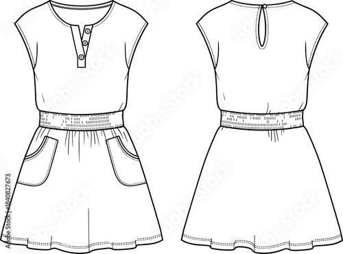 Women's Smocked Waist Mini Dress Technical Fashion Flat Sketch, Cap Sleeves, Popover Placket Vector CAD Illustration Template.