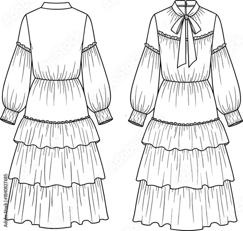 Women's Tiered Ruffle Maxi Dress Flat Sketch Technical Drawing, High Neck with Neck Tie Bow, Elasticated Waistline, Long Balloon Sleeves, Romantic Apparel Vector Template, Front and Back View.