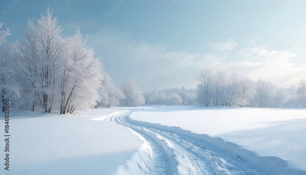 Fototapeta premium Snowy path winds through frosted trees under pale blue winter sky. Untouched snow blankets the field creating a peaceful, cold natural scene. Serene, white landscape with bare branches.