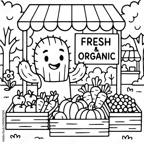 The Organic Market: A charming cartoon cactus proudly presents its array of fresh, organic produce in a bustling market setting, beckoning passersby to indulge in nature's bounty. 